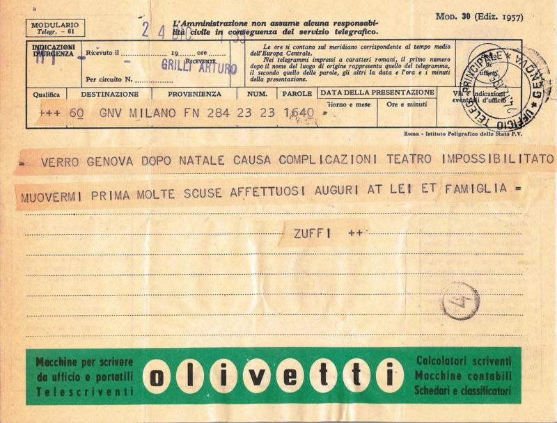 Telegramma di Piero Zuffi, 1957 dic. 24