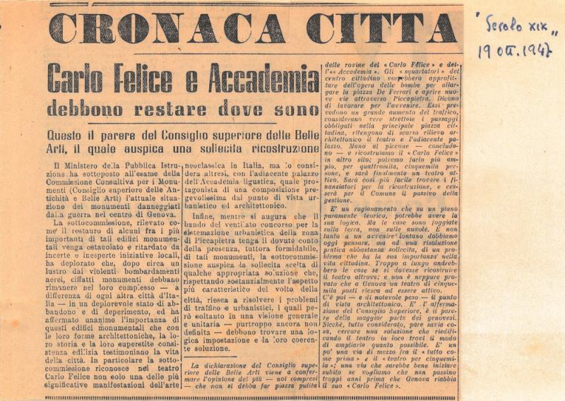 Ritaglio di giornale Carlo Felice e Accademia debbono restare dove sono da Il Secolo XIX, 19-10-1947