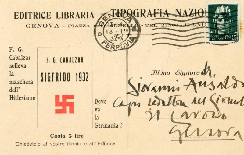 Retro della cartolina di Guido Ferruccio Cabalzar