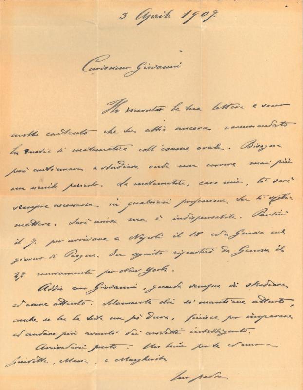 Lettera di Francesco Gerolamo Ansaldo al figlio Giovanni Ansaldo, 03-04-1909