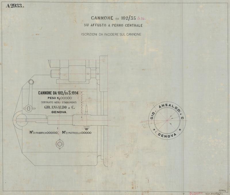 Costruzione 102/35 S.1914 - iscrizioni da incidere sul cannone