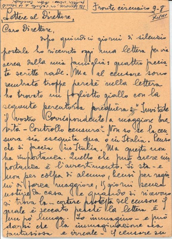Cartolina di Sergio Codeluppi a Giovanni Ansaldo, fronte, 9 - 8 - 1940