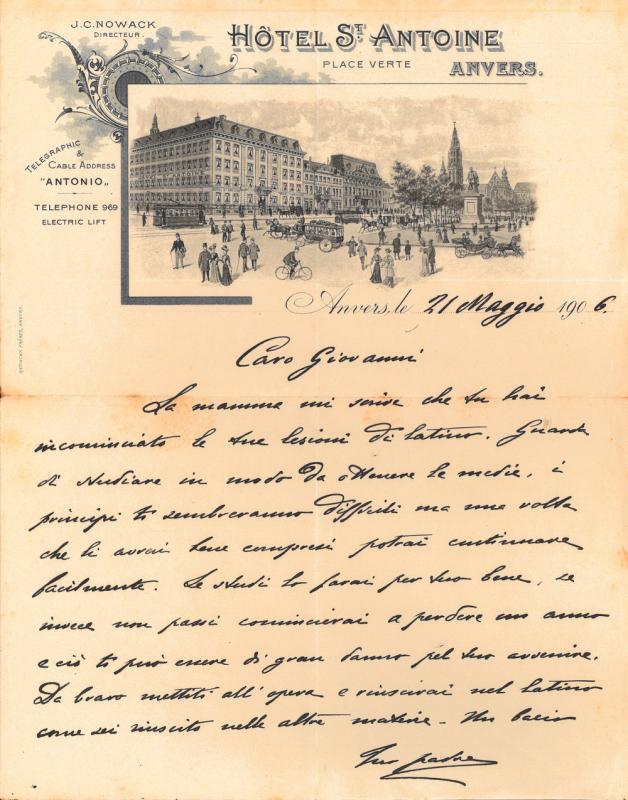 Lettera di Francesco Gerolamo Ansaldo al figlio Giovanni Ansaldo, 21-05-1906