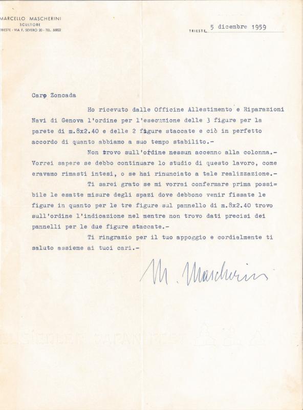 Lettera di Marcello Mascherini, 1959 dic. 05