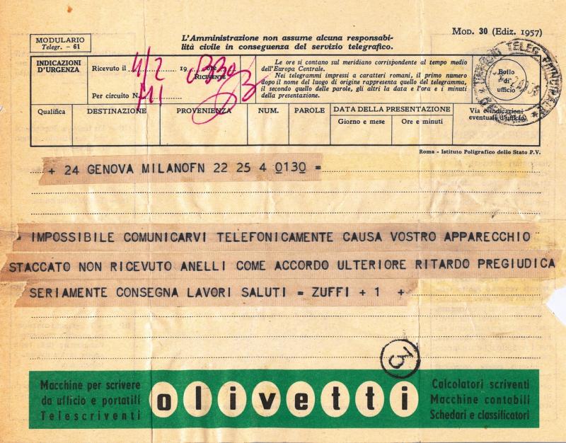 Telegramma di Piero Zuffi, 1958 feb. 04