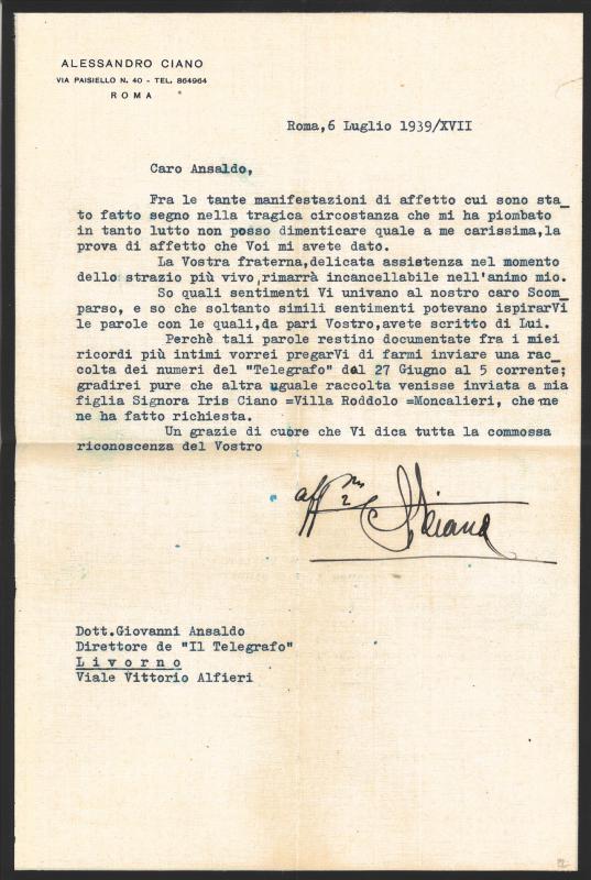 Lettera di Alessandro Ciano a Giovanni Ansaldo, 06-07-1939