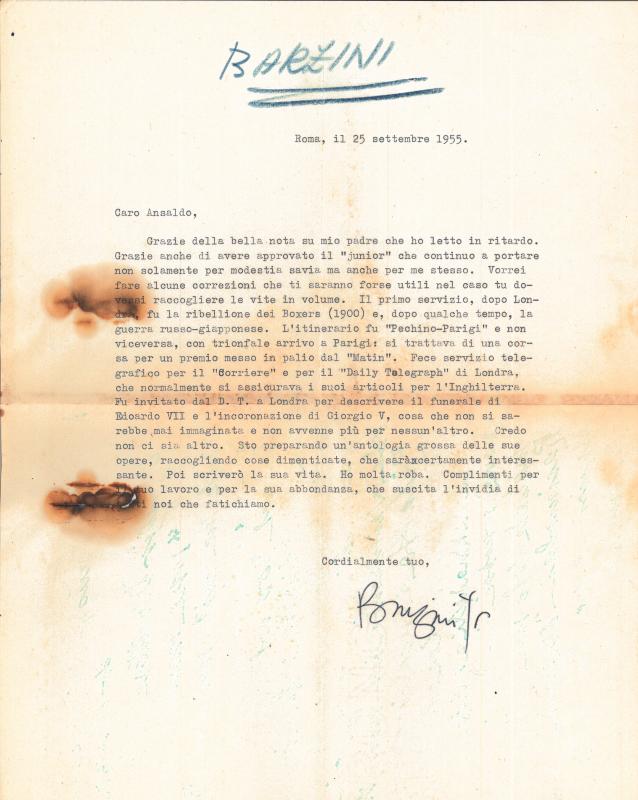 Lettera di Luigi Barzini a Giovanni Ansaldo, 25-09-1955
