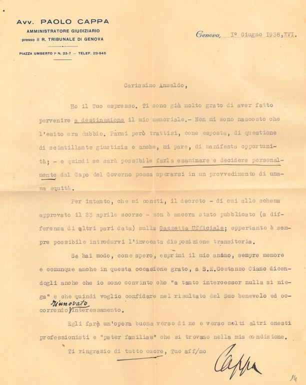 Lettera scritta dall'avvocato e politico Paolo Cappa a Giovanni Ansaldo.