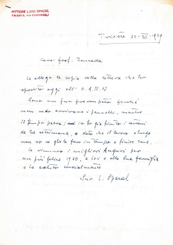 Lettera di Luigi Spacal, 1959 dic. 30