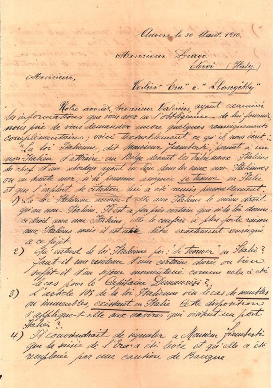 Lettera dello studio legale John P. Best & C a Drago; 30 agosto1910 - fronte