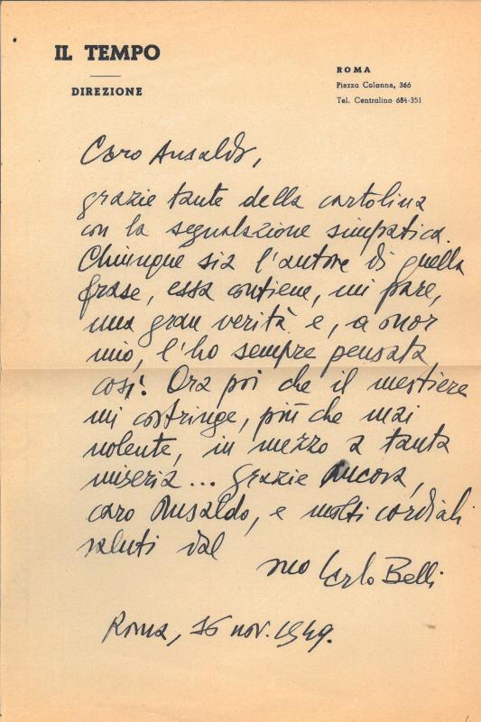 Lettera di Carlo Belli a Giovanni Ansaldo, 16-11-1949