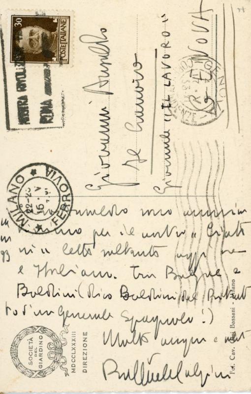 Cartolina di Raffaele Calzini, retro,1933