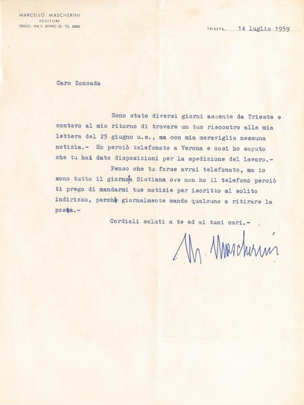 Lettera di Marcello Mascherini, 1959 lug. 14