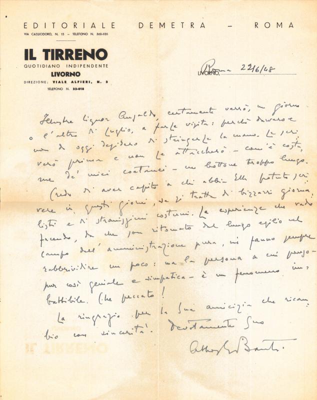 Lettera di Athos Banti a Giovanni Ansaldo, 22-06-1948