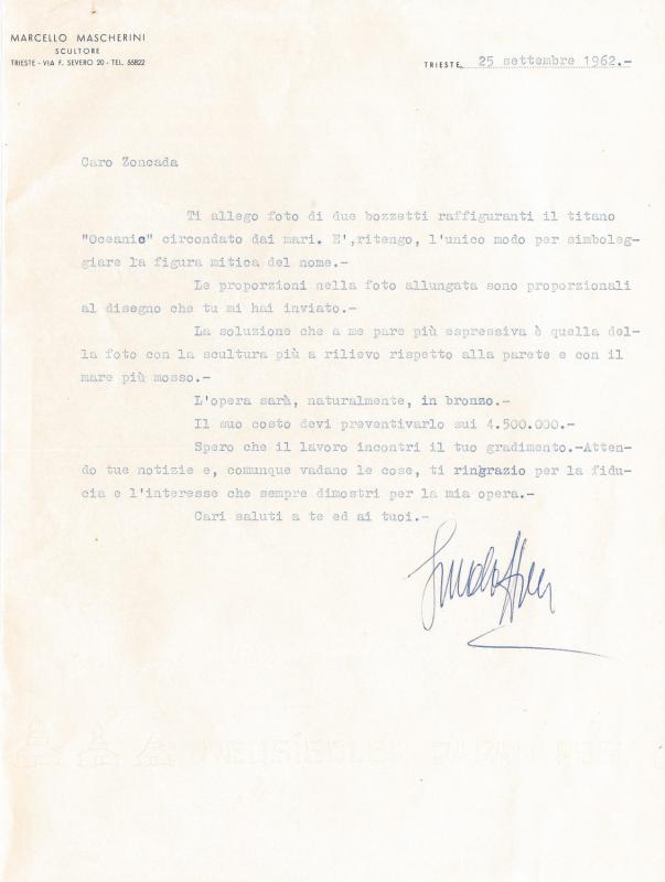 Lettera di Marcello Mascherini, 1962 set. 25