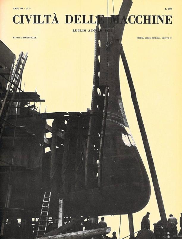 Copertina - Dritto di prua e dritto di poppa di una turbocisterna in costruzione nei cantieri Ansaldo di Genova, luglio - agosto 1955, anno III, n. 4
