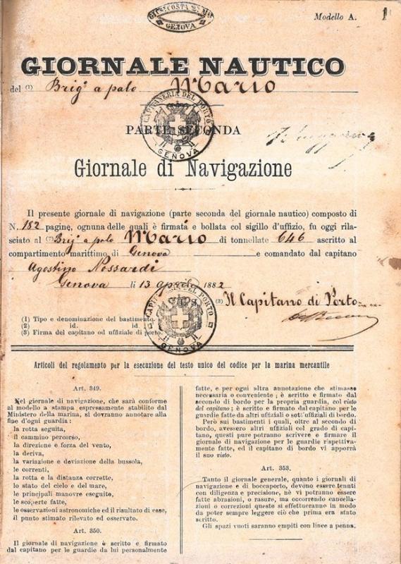 Giornale nautico di navigazione del brigantino a palo Mario, c. 1