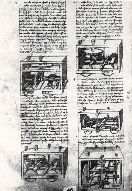 Foglio con vari tipi di trattori, da un codice attribuito a Francesco di Giorgio Martini,  maggio 1954, anno II, n. 3 - p. 17