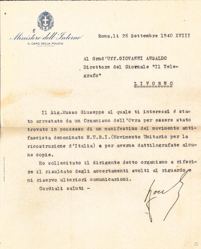 Lettera di Arturo Bocchini a Giovanni Ansaldo, 26-09-1940