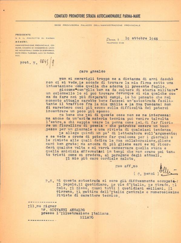 Lettera di C.Benzi a Giovanni Ansaldo, 19-10-1949