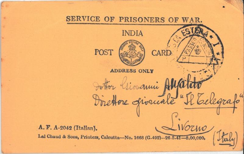 Cartolina dalla prigionia di Sergio Codeluppi a Giovanni Ansaldo, fronte, 17 - 12 - 1941