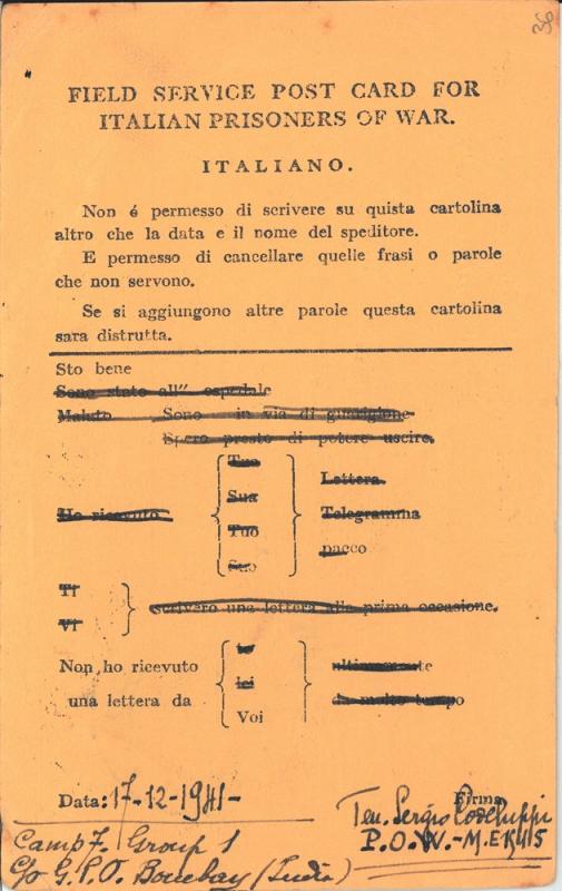 Cartolina dalla prigionia di Sergio Codeluppi a Giovanni Ansaldo, retro, 17 - 12 - 1941