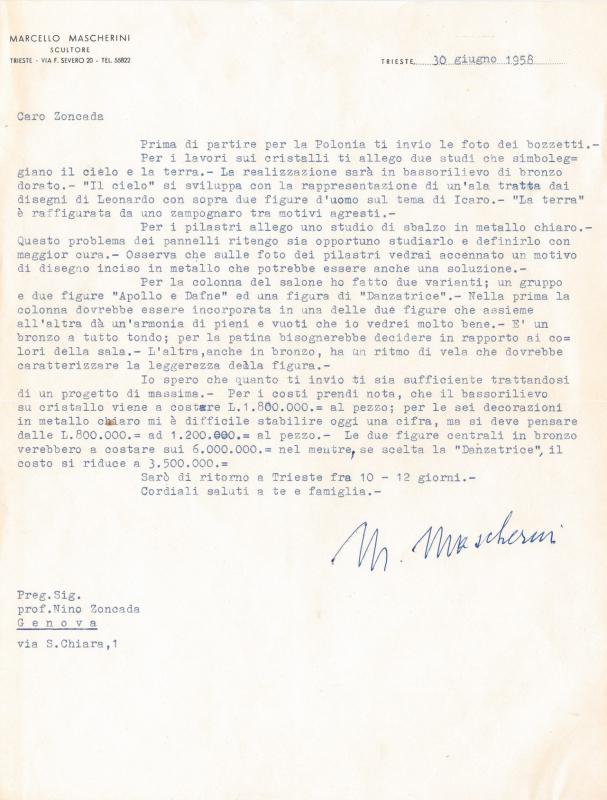 Lettera di Marcello Mascherini, 1958 giu. 30