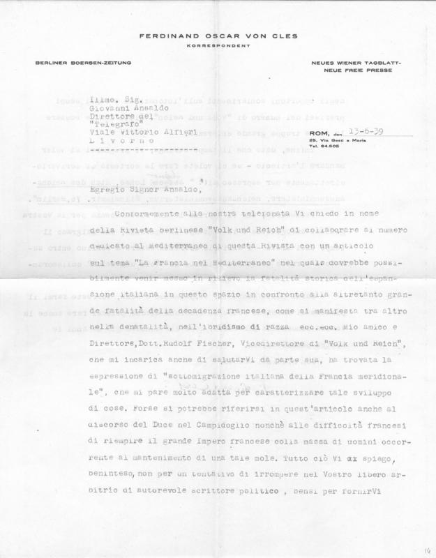 Lettera di Ferdinand Oscar Von Cles a Giovanni Ansaldo, 13-06-1939 (1)