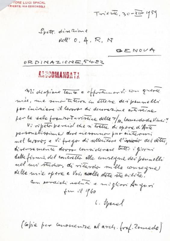 Lettera di Luigi Spacal per l'O.A.R.N., 1959 dic. 03
