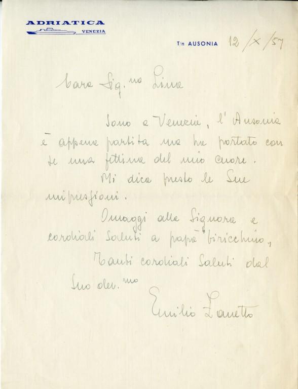 Lettera di Emilio Zanetto per Carolina Zoncada, 1957