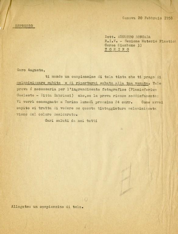 Lettera per Augusto Zoncada, 1958