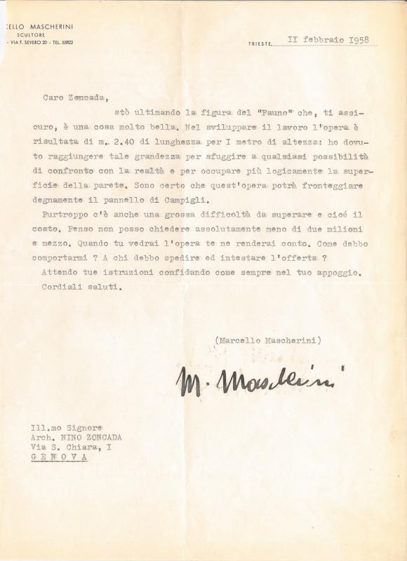 Lettera di Marcello Mascherini, 1958 feb. 02