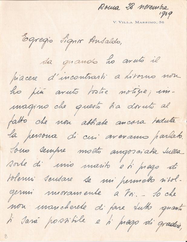 Lettera inviata da Zoe Ciucci a Giovanni Ansaldo, p. 1, 28 - 11 - 1939