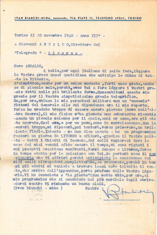 Lettera di Ivan Bianchi-Mina a Giovanni Ansaldo, 20-11-1940