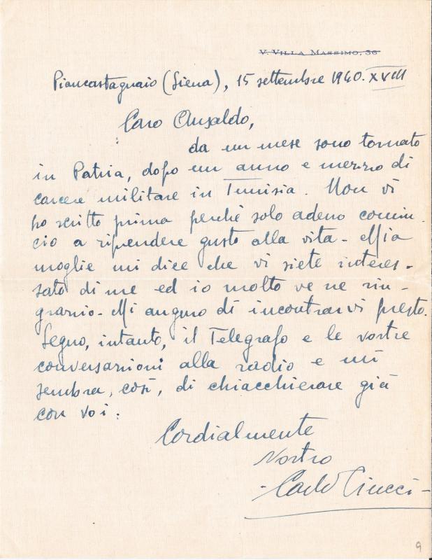 Lettera inviata da Carlo Ciucci a Giovanni Ansaldo, 15 - 9 - 1940