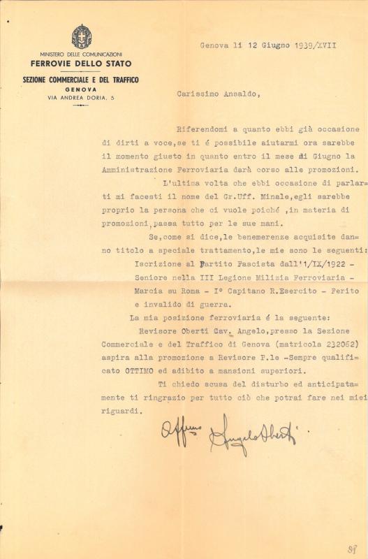 Lettera di Angelo Oberti a Giovanni Ansaldo, 12 - 06 - 1939