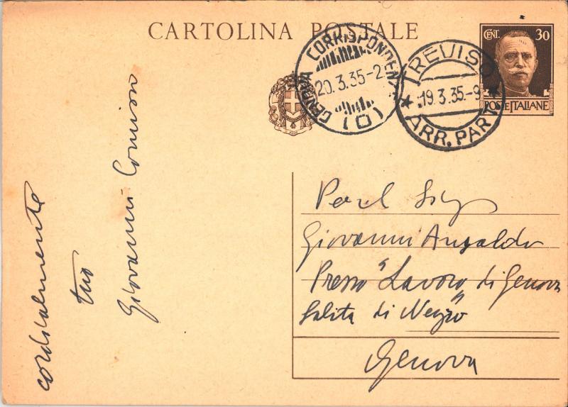 Cartolina di Giovanni Comisso inviata a Giovanni Ansaldo, p. 2, 17 - 3 - 1935