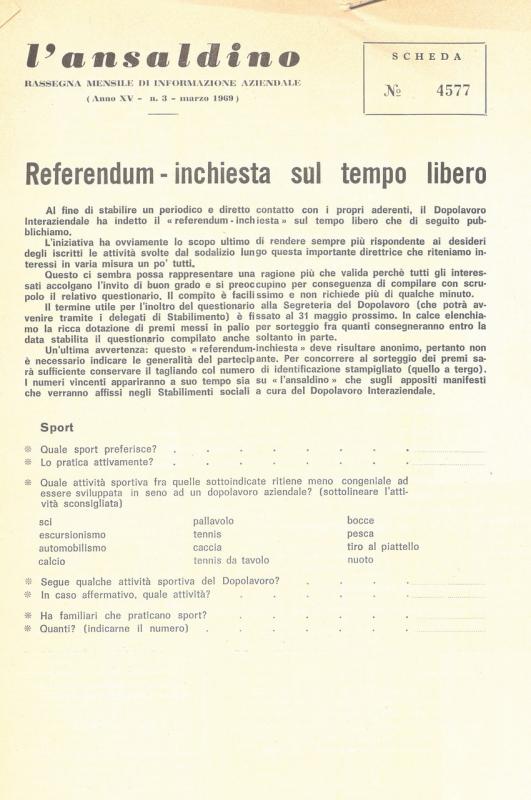 Inserto con "Referendum - inchiesta sul tempo libero", tra p. 2 e p. 3