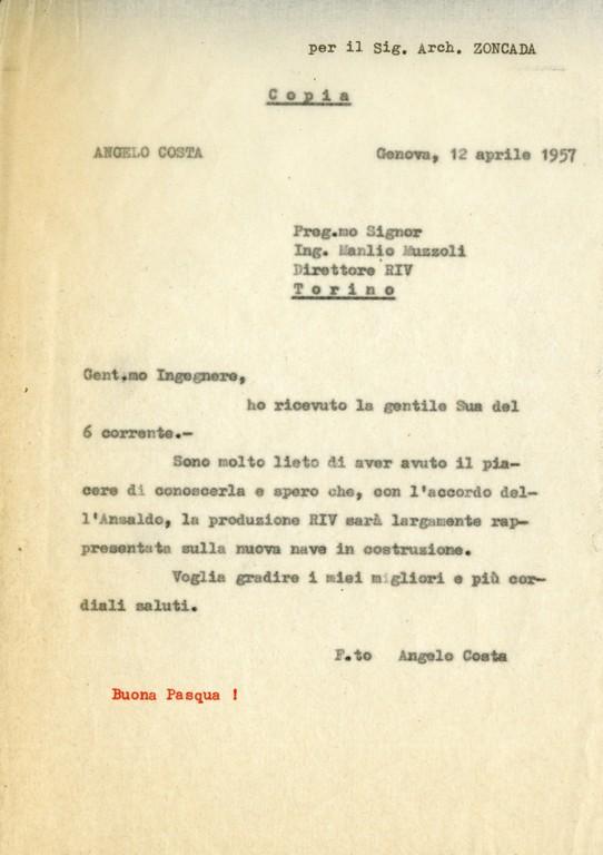 Copia della lettera di Angelo Costa