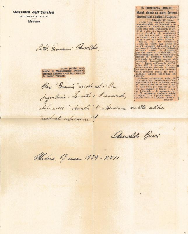 Lettera di Armando Bueri a Giovanni Ansaldo, 17-03-1939