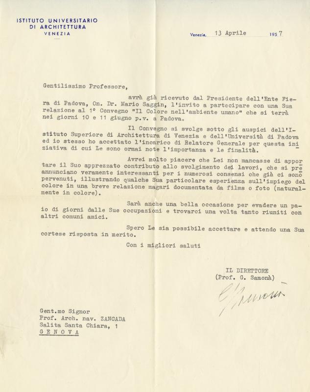 Lettera di G. Samonà, 1957