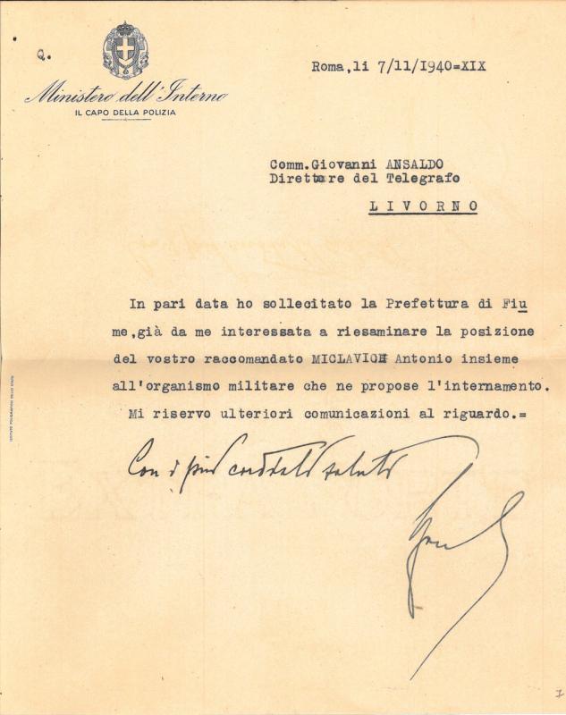 Lettera di Arturo Bocchini a Giovanni Ansaldo, 07-11-1940