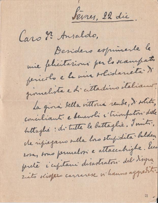 Lettera di Francesco Ciccotti a Giovanni Ansaldo, p. 1, 22 - 12 - 1923