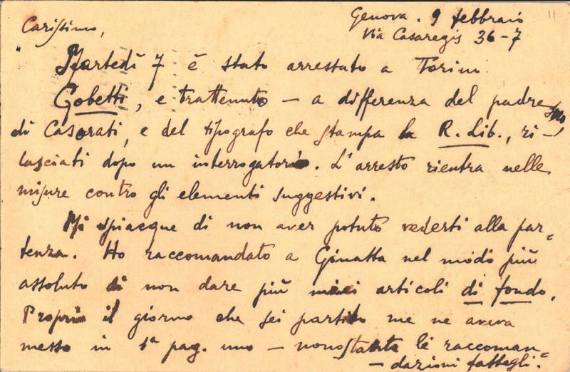 Retro cartolina di Santino Caramella a Giovanni Ansaldo, 9-03-1923