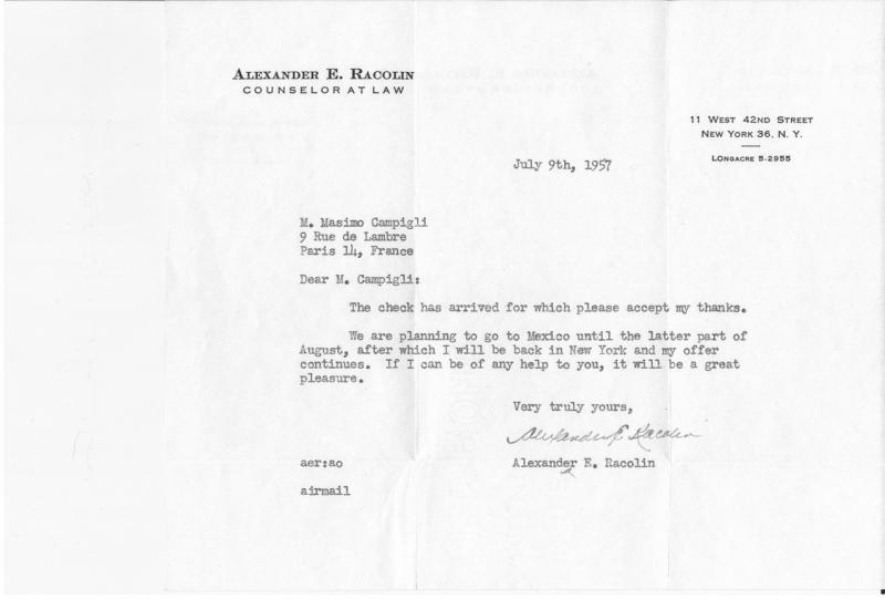 Lettera di Alexander E. Racolin, 1957 lug. 09