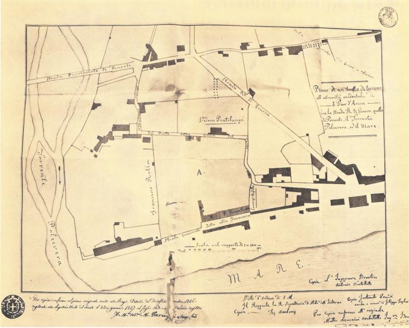 Sampierdarena nell'ottocento; vecchia strada litoranea che dalla Lanterna portava all'Argine del Polcevera, p. 7