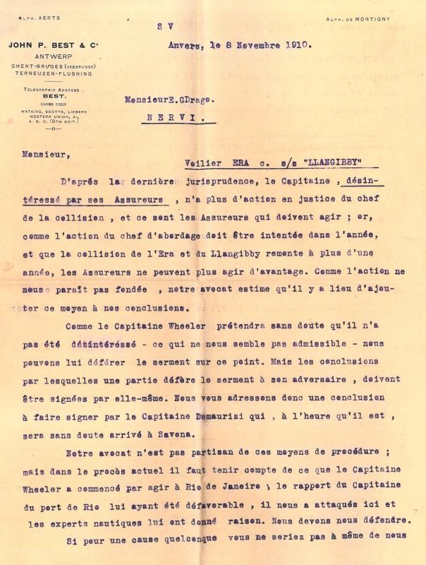 Lettera dello studio legale John P. Best & C all'armatore Drago; 8 novembre 1910