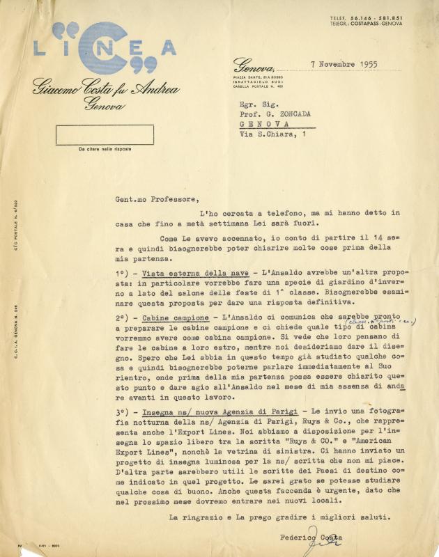 Lettera di Federico Costa, 1955