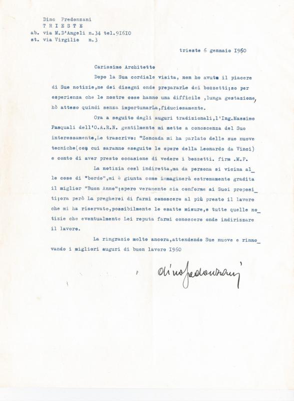 Lettera di Domenico Predonzani, 1960 gen. 06
