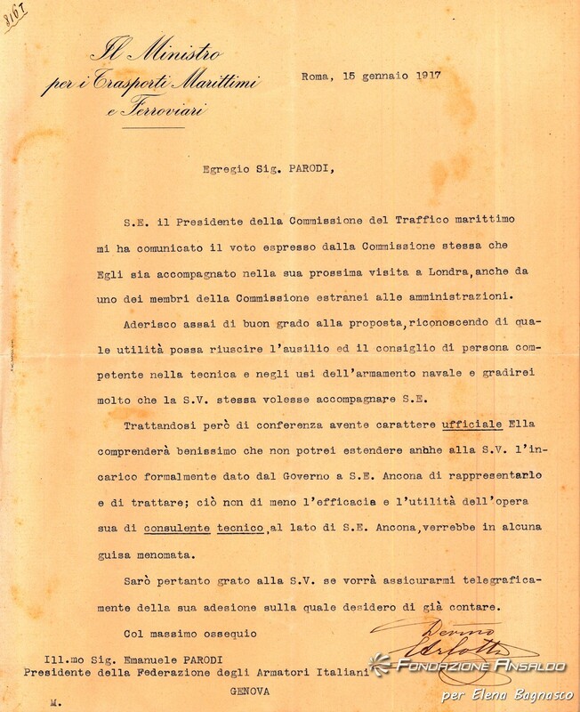 Emanuele Vittorio Parodi - Lettera di incarico del Ministro dei Trasporti Marittimi e Ferroviari